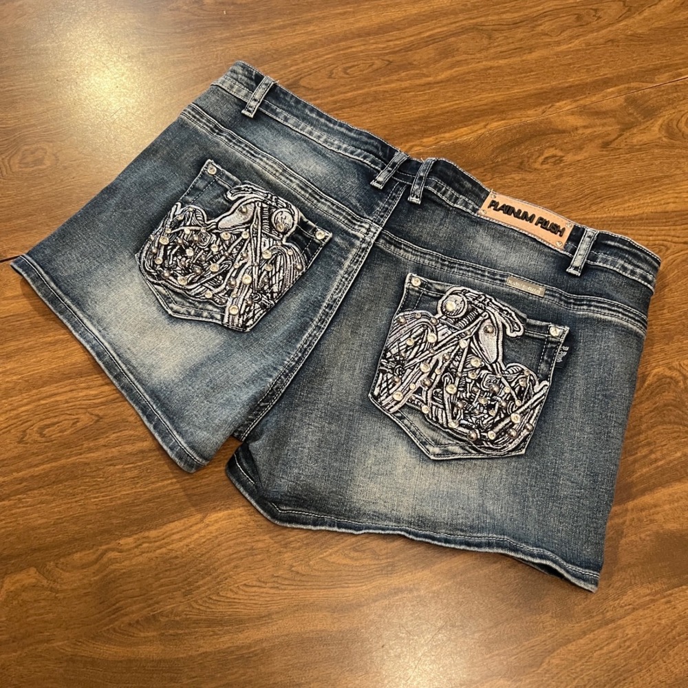 Platinum Plush Los Angeles Womens 1X Denim Shorts Biker Motorcycle Rhinestone
